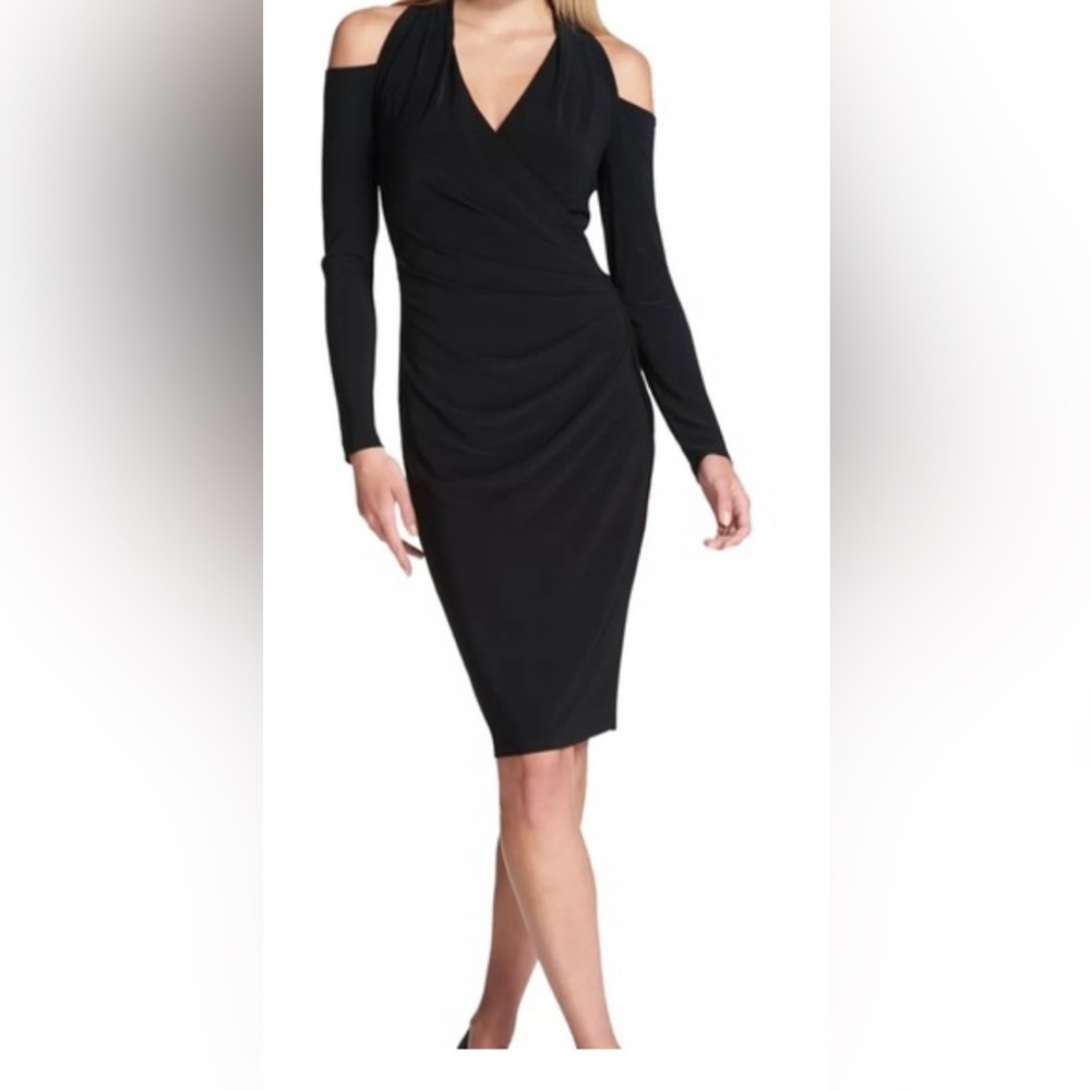 DKNY Sophisticated Black Cold Shoulder Long Sleeve Dress